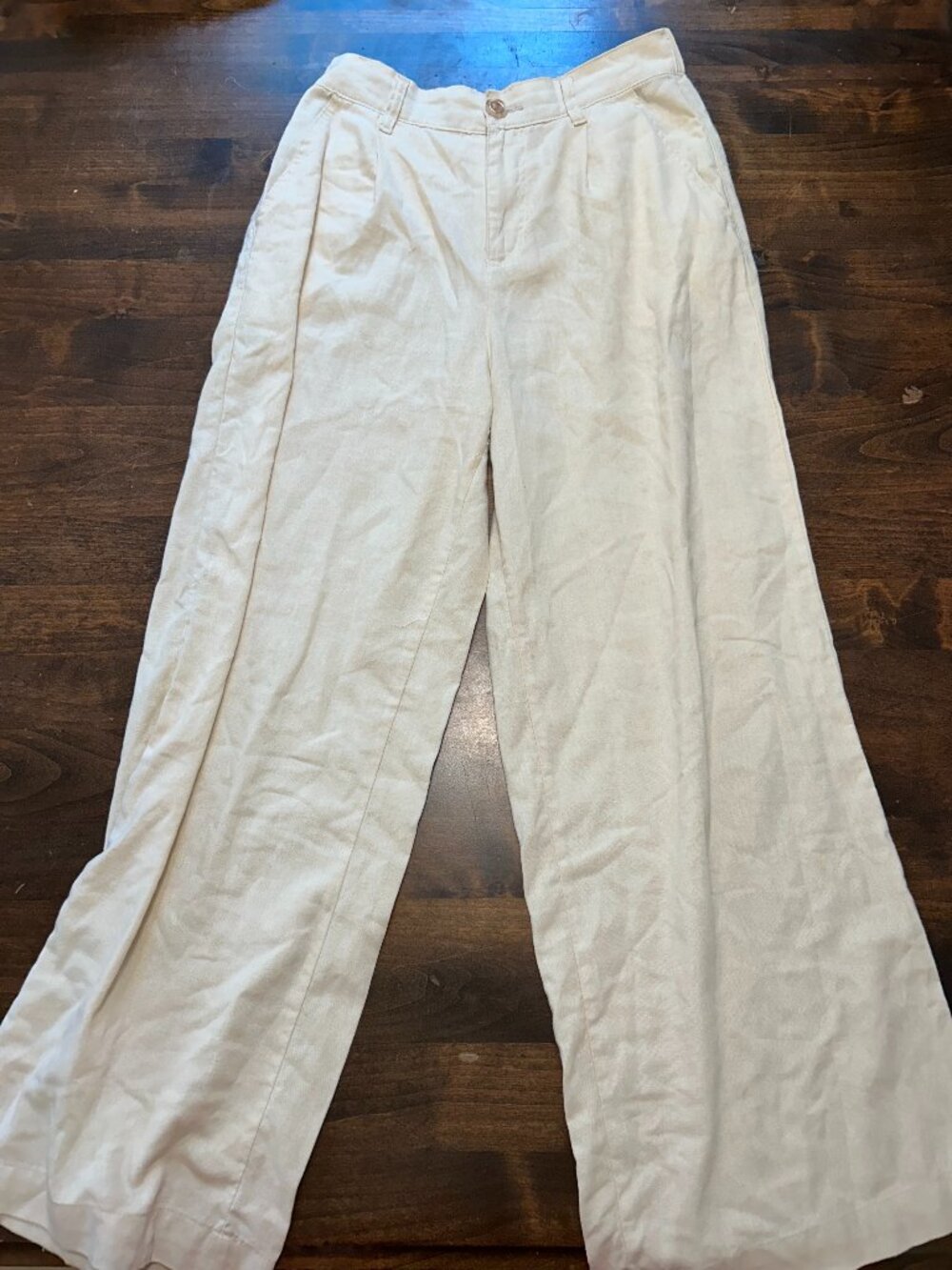 One 5 One high-waisted, wide-leg linen pants in a beige/cream